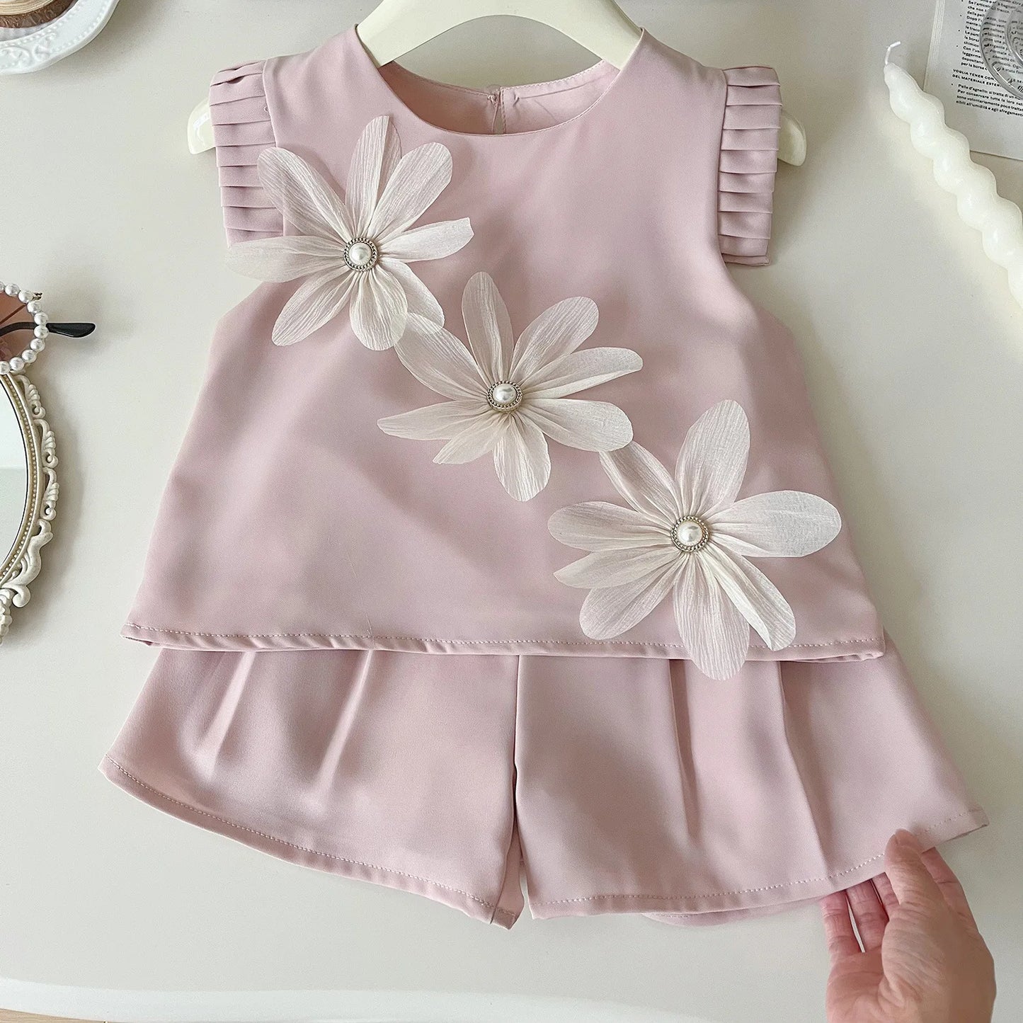New Baby Girls 2Pcs Summer Clothing Set Three Flowers Short Sleeve T-shirt Shorts Toddler Children's Girl Casual Outfit Suit