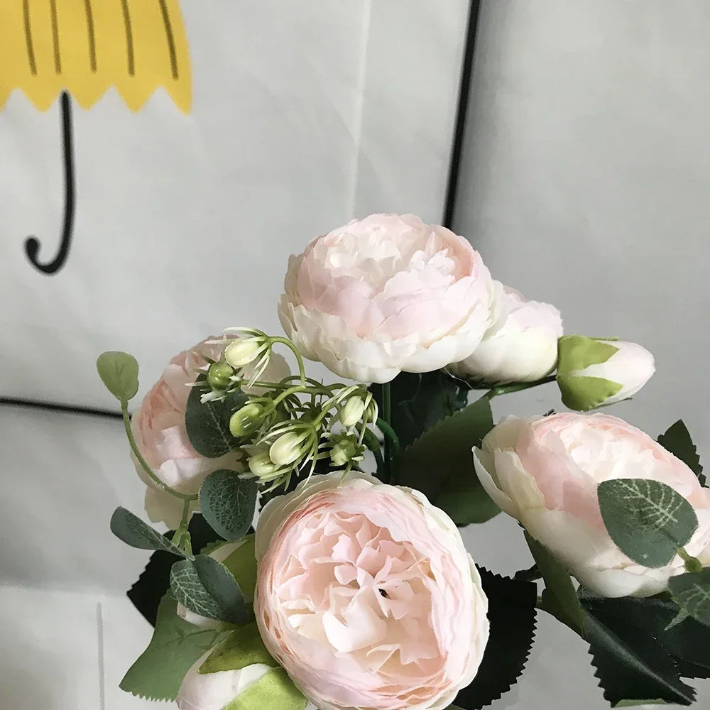 30cm Rose Pink Silk Bouquet Peony Artificial Flowers 5 Big Heads 4 Small Bud Bride Wedding Home Decoration Fake Flowers Faux