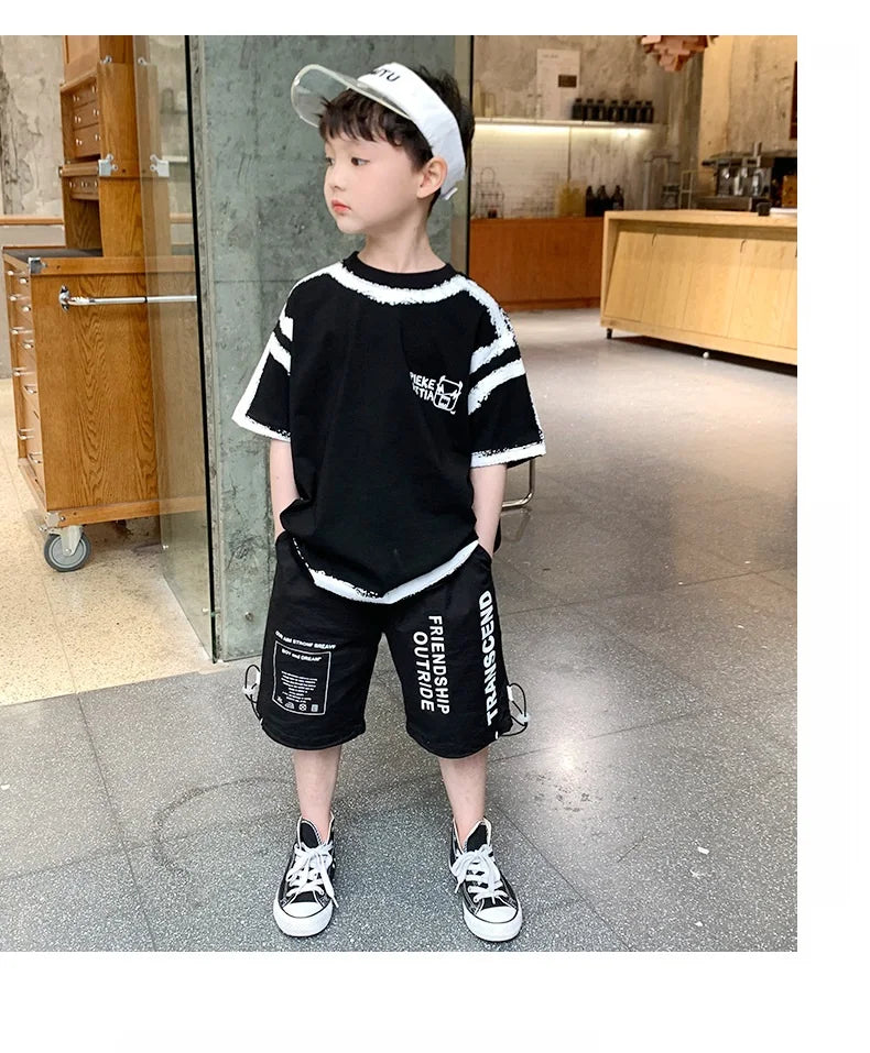 Summer Casual Boys Cotton Contrast Alphabet Graffiti t-Shirt Top+Shorts Pant Set School Kids Tracksuit Child 2PCS Outfit 5-14 Yr