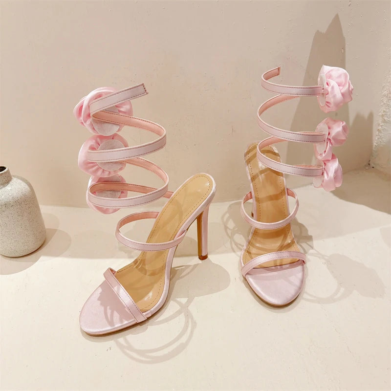 Liyke Elegant Women Wedding Banquet Shoes Fashion Silk Flowers Designer Sandals Female Open Toe Slip On Ankle Strap High Heels