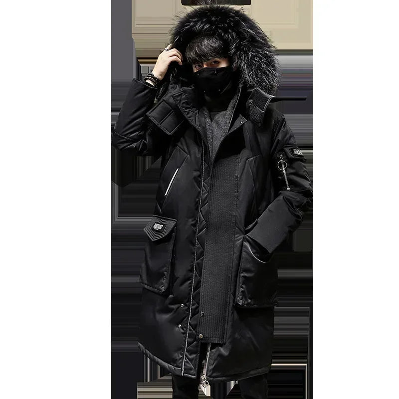 Men's Thickened Down Jacket Hooded Faux Fur Collar Winter Long Parka Jacket Outdoor Street Fashion Jacket Men's Clothing 2024