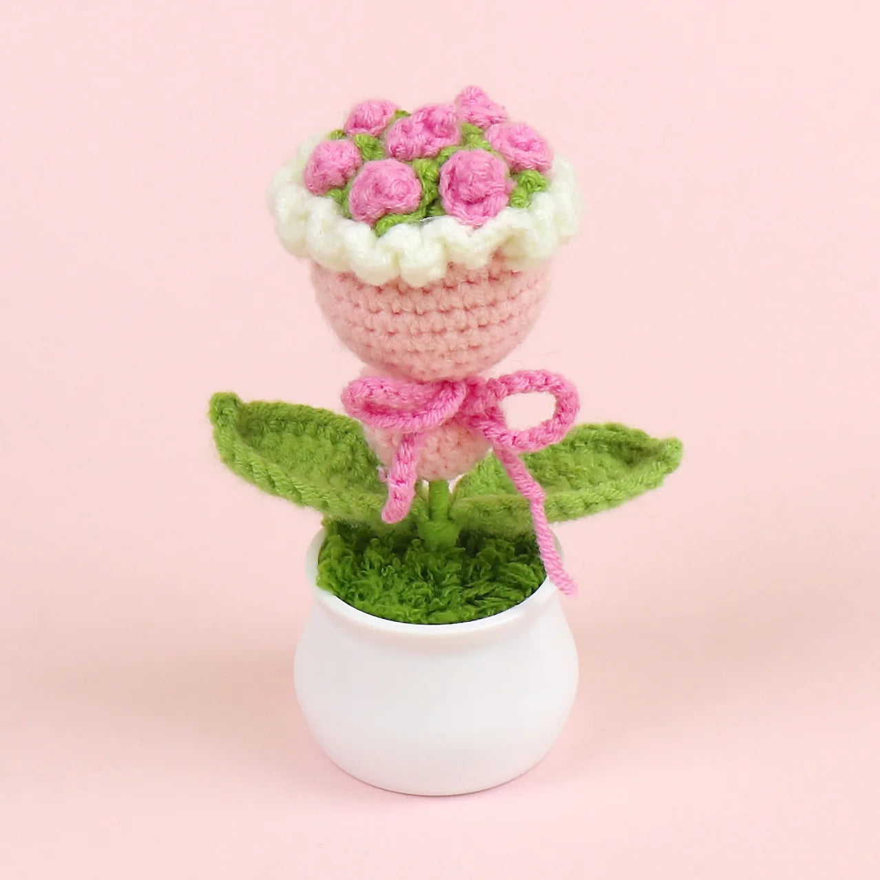 Finished Handmade Crocheted Rose Bridal Bouquet Potted Car Decoration Simulation Wool Flowers Office Decoration Creative
