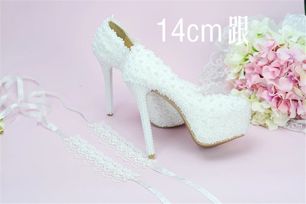 Spring round head shallow pearl lace with waterproof platform wedding shoes thin high-heeled banquet dress large size women shoe