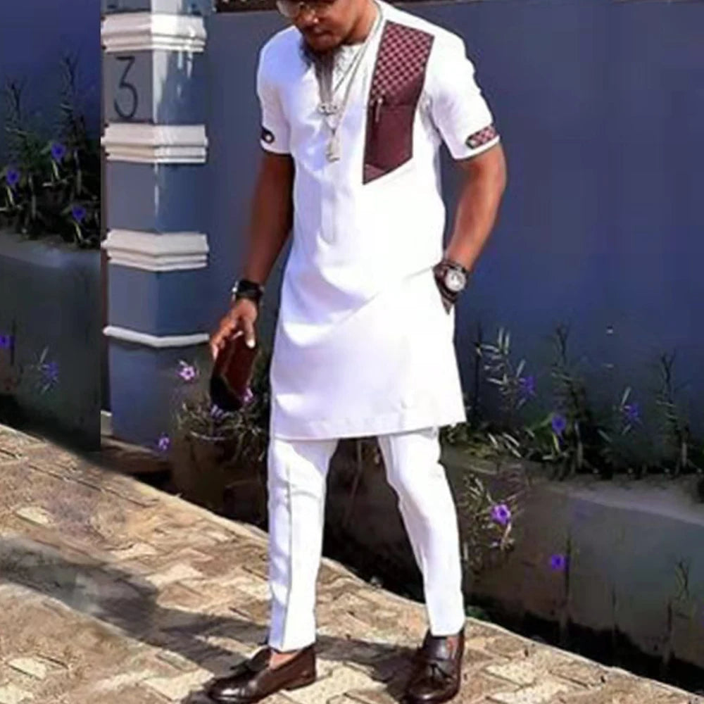 Kaunda Men's Suits Kaftan Outfits Round Neck Striped Print Long-sleeved African Ethnic Style Men's Sets Traditional Clothing