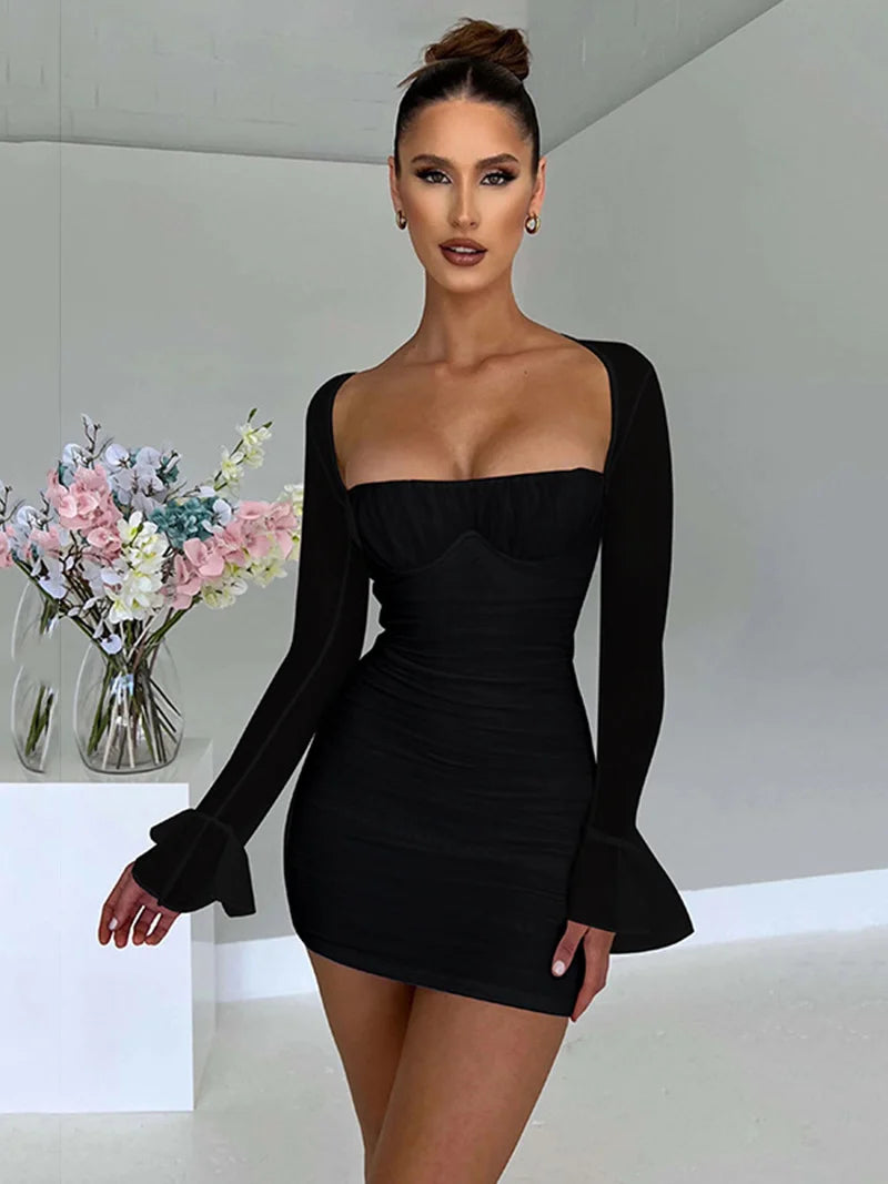 Mozision Elegant Backless Sexy Mini Dress For Women Robe Two Layer Mesh Full Sleeve Zipper Bodycon Party Short Dress Vestido