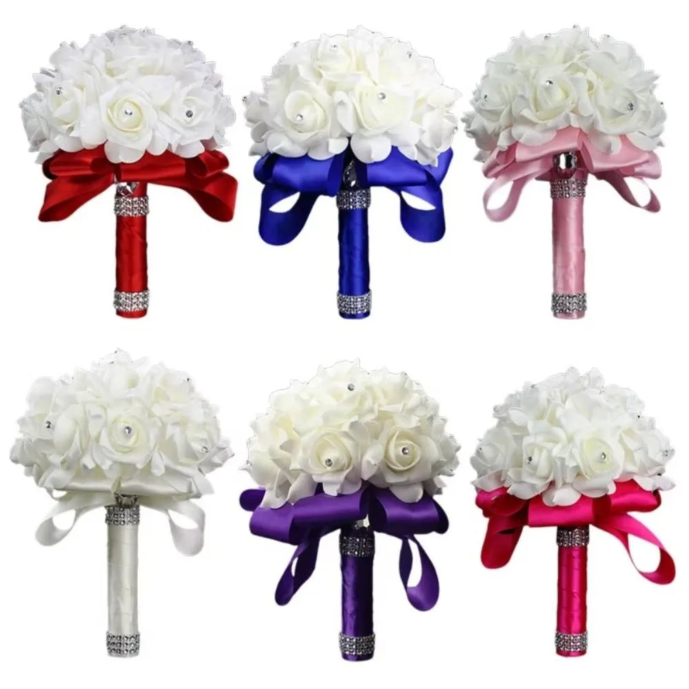 Romantic Rose Flower Bouquet PE Flower Satin Bridal Wedding Bouquet Simulation Artificial Rose Flower Bridal Wedding