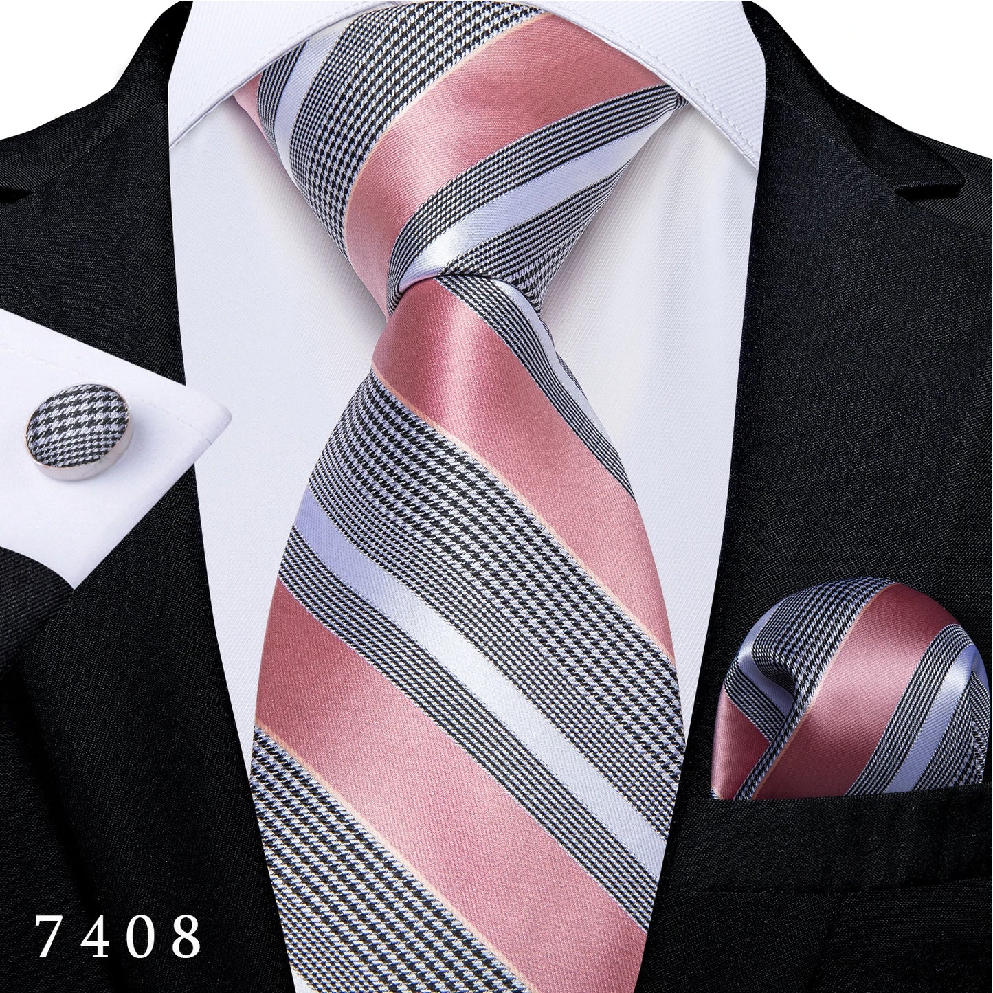 Solid Black Plaid Men's 8cm Polyester Neck Tie Handkerchief Cufflinks Set with Gift Box Tie Clip Birthday Anniversary Gift