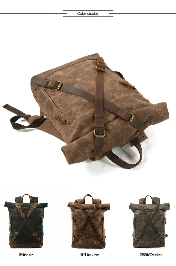 Male Backpacks Vintage Canvas Leather For Men Waterproof Rucksacks Large Mountaineering Travel Pack Outdoor computer bag