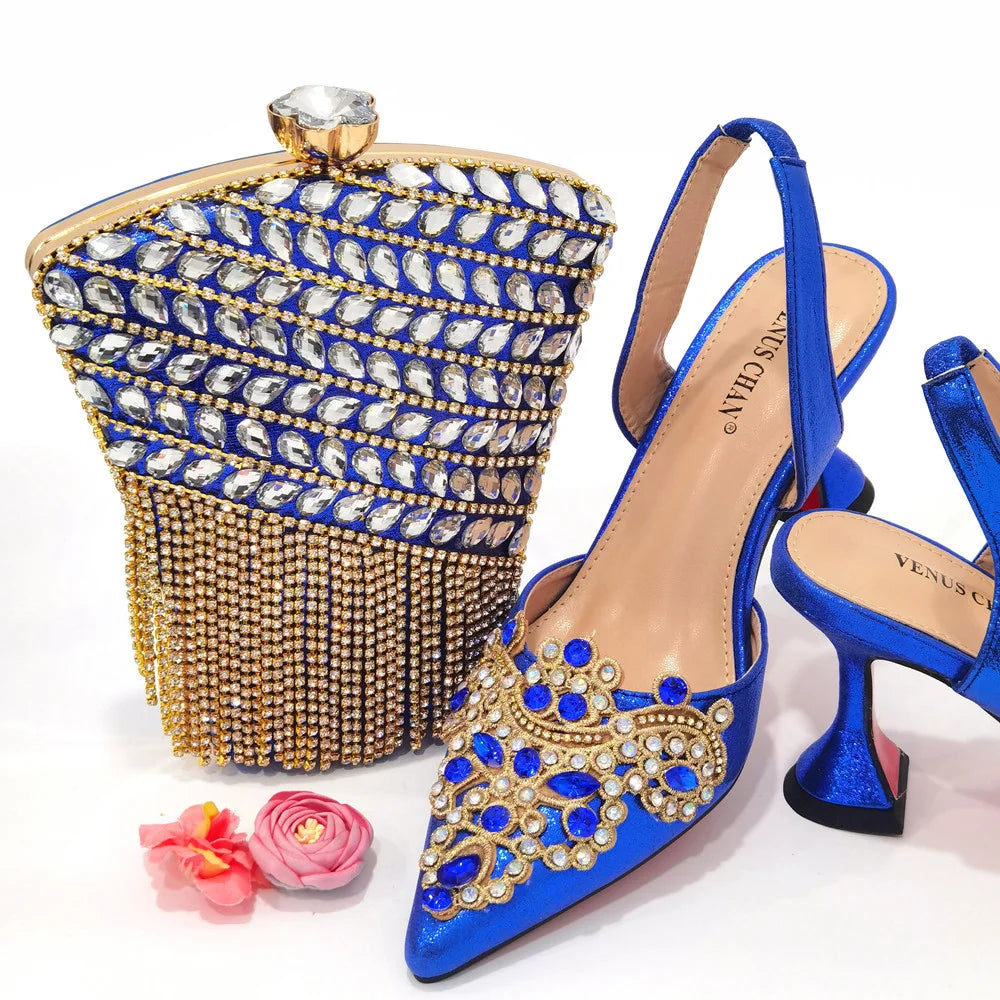 2024 Gold New Shoes For Women Designer Pointed-Toe Luxury Wedding Peach Color Hollowed Out Design Bag and Shoes Matching Set