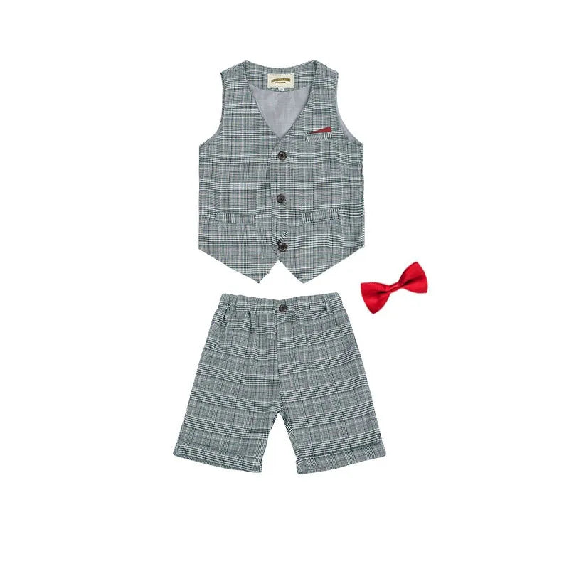 Boys Summer Vest Dress 3Pieces/Set Vest Shorts Bowtie Photograph Suit School Performance Clothing Set Children Wedding Custome