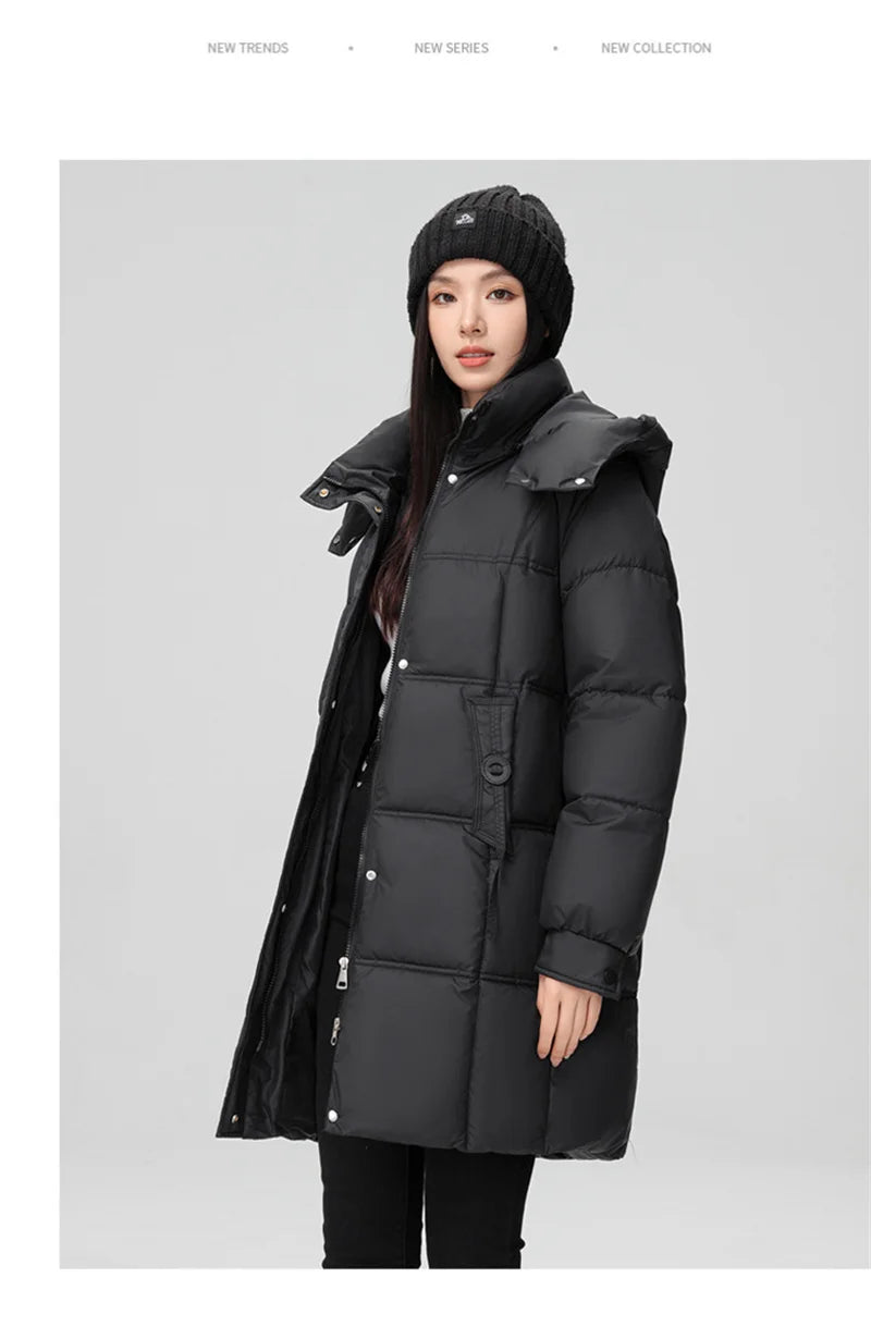 2024 New Winter Women Jacket Mid Long Hooded Parka Cotton Padded Jacket Female Parkas Loose Casual Warm Outwear Snow Wear Coats