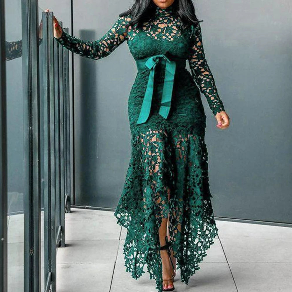 African Ladies Evening Gown Dresses Sexy Lace Long Sleeve Stand Collar Strappy Irregular Elegant Plus Size Long Dress Wedding