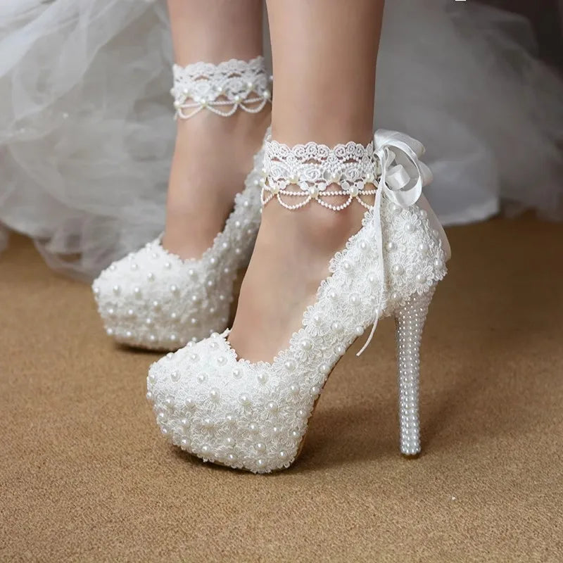 Spring round head shallow pearl lace with waterproof platform wedding shoes thin high-heeled banquet dress large size women shoe