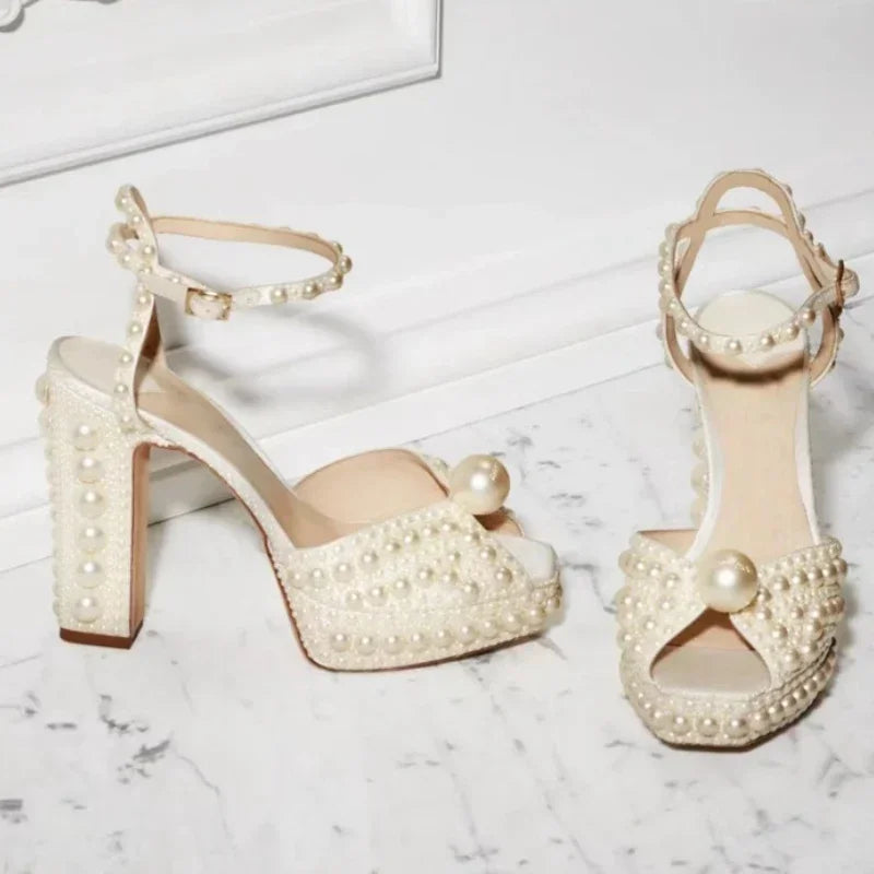 Shoes for Women Beaded Thick Heel Fish Mouth Sandals 35-41 High Heel Waterproof Platform Women's Shoes Wedding