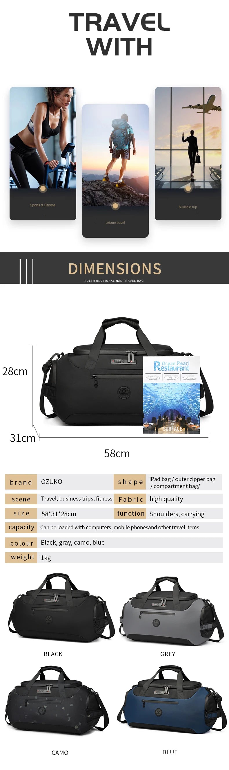 OZUKO Men Travel Duffel Bags Large Capacity Gym Handbags With Shoes Bag Wet Pocket Multifunction Short Trip Waterproof Backpacks