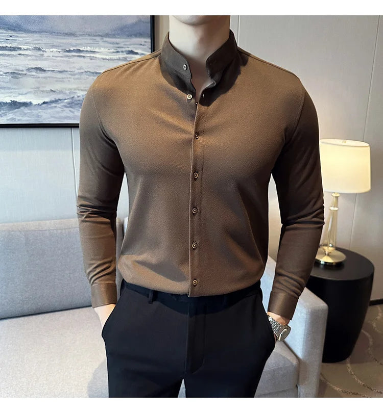 Winter Men Woolen Shirt with British Style Solid Casual Stand Up Collar Thick Warm Wool Formal Dress Shirt Fashion Men Clothing