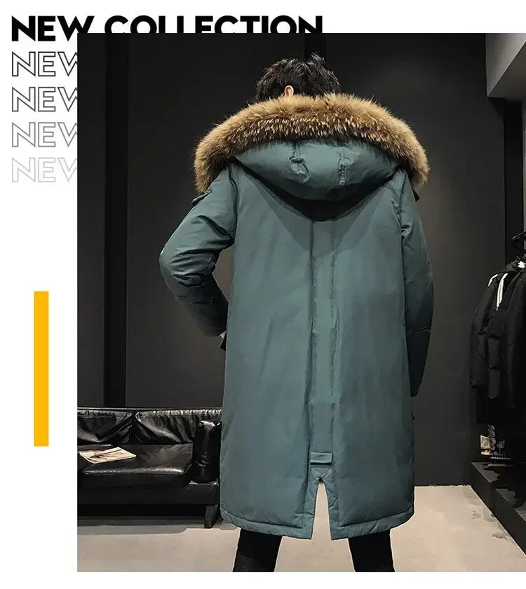Men's Thickened Down Jacket Hooded Faux Fur Collar Winter Long Parka Jacket Outdoor Street Fashion Jacket Men's Clothing 2024