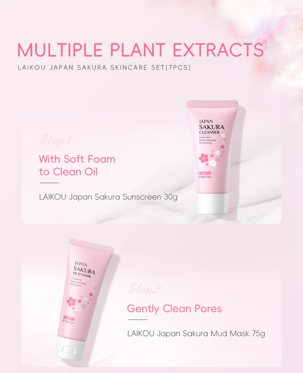 LAIKOU cleansing Laikou moisturizing hydration Japan Cherry Blossom Skincare 7-piece Mud Mask Edition Facial Care Set