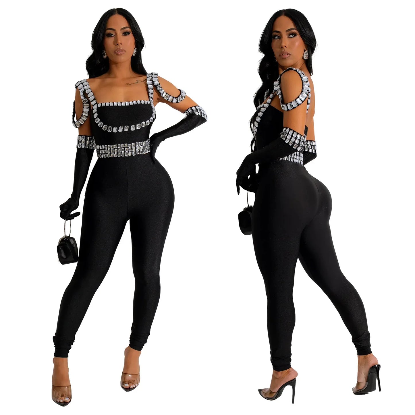 CM.YAYA Women Diamonds Hot Rhinestones Sexy Strap Long Sleeve Jumpsuits Streetwear Club One Piece Overall Rompers with Gloves