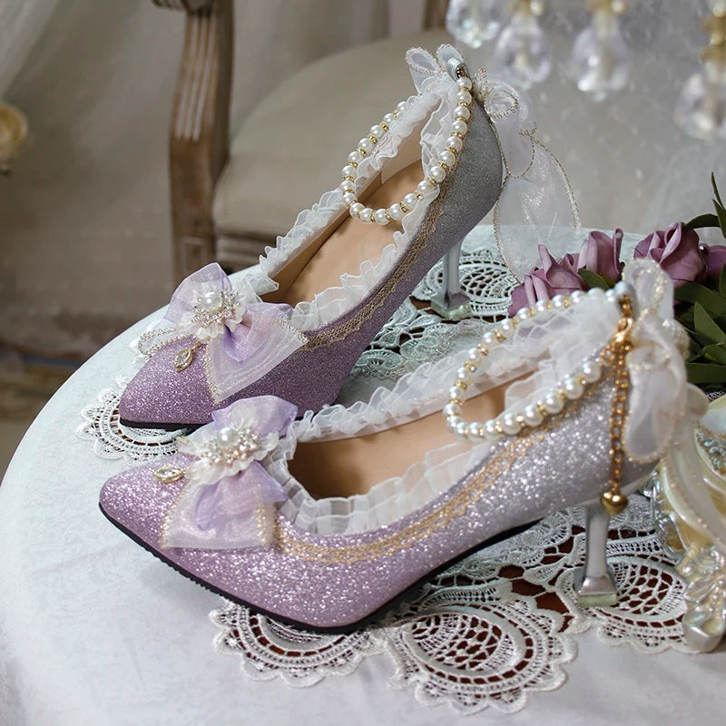 Lolita High Heels One Night Story Lolita Shoes Shiny Pointed High Heels Flower Wedding Ceremony 18 Year Old Slim Heels