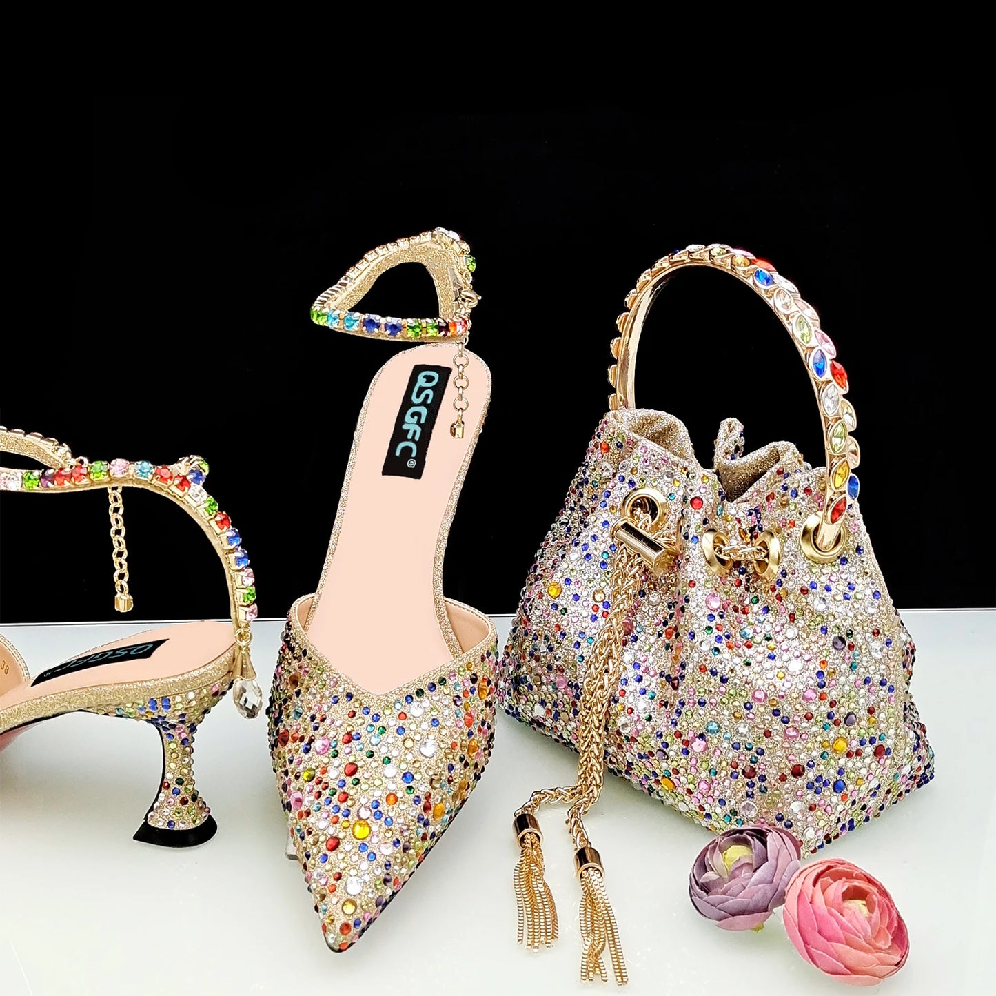 QSGFC New Gold Glitter Fabric Pointed Toe High Heels With A Variety Of Shapes Of Rhinestones Fashion Party Ladies Shoes And Bag