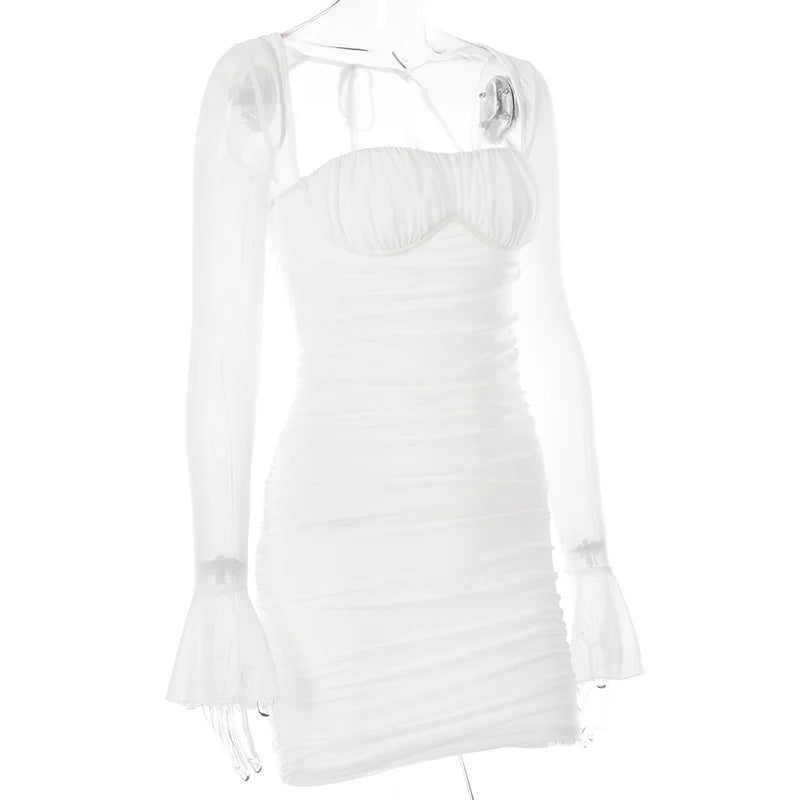 Mozision Elegant Backless Sexy Mini Dress For Women Robe Two Layer Mesh Full Sleeve Zipper Bodycon Party Short Dress Vestido