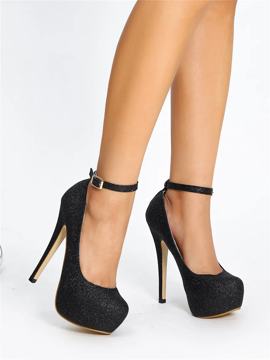 New Women's Shoes Round Toe Glitter Single Shoes Shallow Mouth Waterproof Slim Heel Women's High Heels Plus Size Shoes