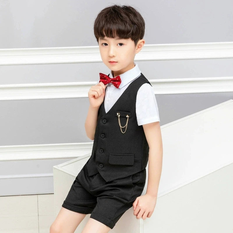 Boys Summer Vest Dress 3Pieces/Set Vest Shorts Bowtie Photograph Suit School Performance Clothing Set Children Wedding Custome