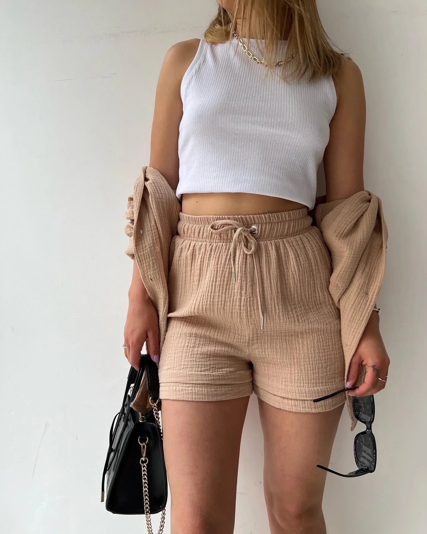 Short Sets Women Tracksuit Single Breasted Cardigan Blouses Two Pieces Shorts Loose Button High Street Solid Pockets Folds