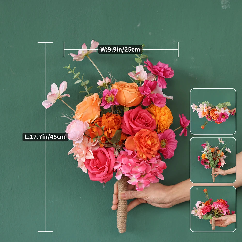 Flowers Artificial Decoration Orange Pink Series Rose Greens Floral Arrangement Bridal Bouquet for Wedding Event Decor J2601