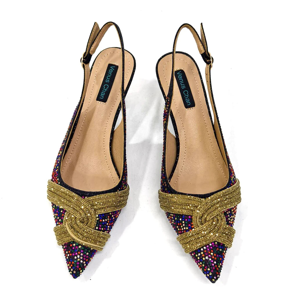 Venus Chan 2024 Special Design High Quality Orange Color African Women Shoes and Bag Set with Shinning Crystal for Wedding Party