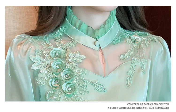 H Han Queen Elegant Autumn Shirt Embroidery Beads Chiffon Simple Office Blouse Loose Tops Long Sleeve Casual Blouses Women