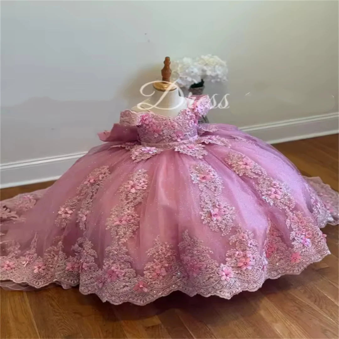 Flower Girl Dress For Wedding With Bow Lace Applique Tulle Puffy Shiny Kids Birthday Party First Communion Ball Gowns Customized