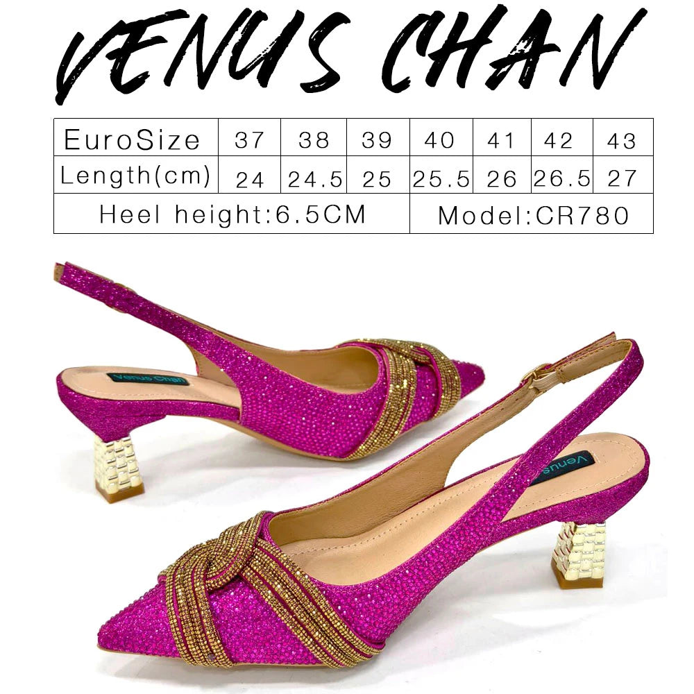 Venus Chan 2024 Special Design High Quality Orange Color African Women Shoes and Bag Set with Shinning Crystal for Wedding Party