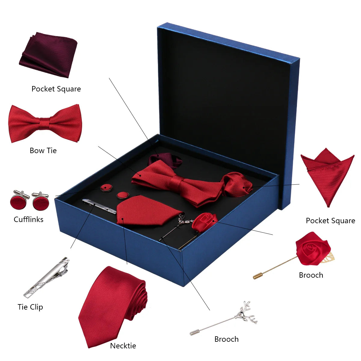 Luxury Tie Set For Men Solid Color Necktie Pocket Square Brooch Cufflinks Gift Box Wedding Business 8pcs Mens Neck Tie Accessory