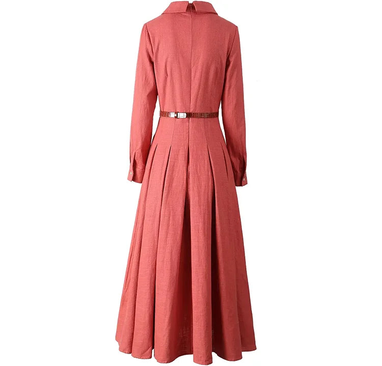 LD LINDA DELLA Elegant Commuter Solid Color Women's Dress Autumn Winter Turn-Down Collar Lace-UP linen long sleeves Dresses