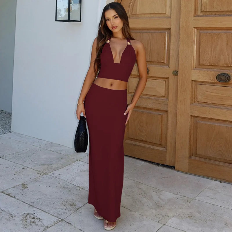 Mozision Elegant Summer 2 Piece Sets Women Metal Ring Crop Tops And Maxi Skirt Female Fashion Solid Lace-up Beach Two Piece Sets