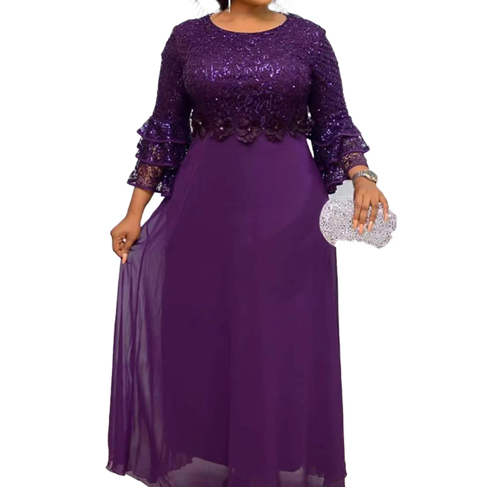 Muslim African Clothes Dresses Elegant Fashion Sequins Lace Ruffle Sleeve Clothing Evening Party Gown Women Plus Size Dresses