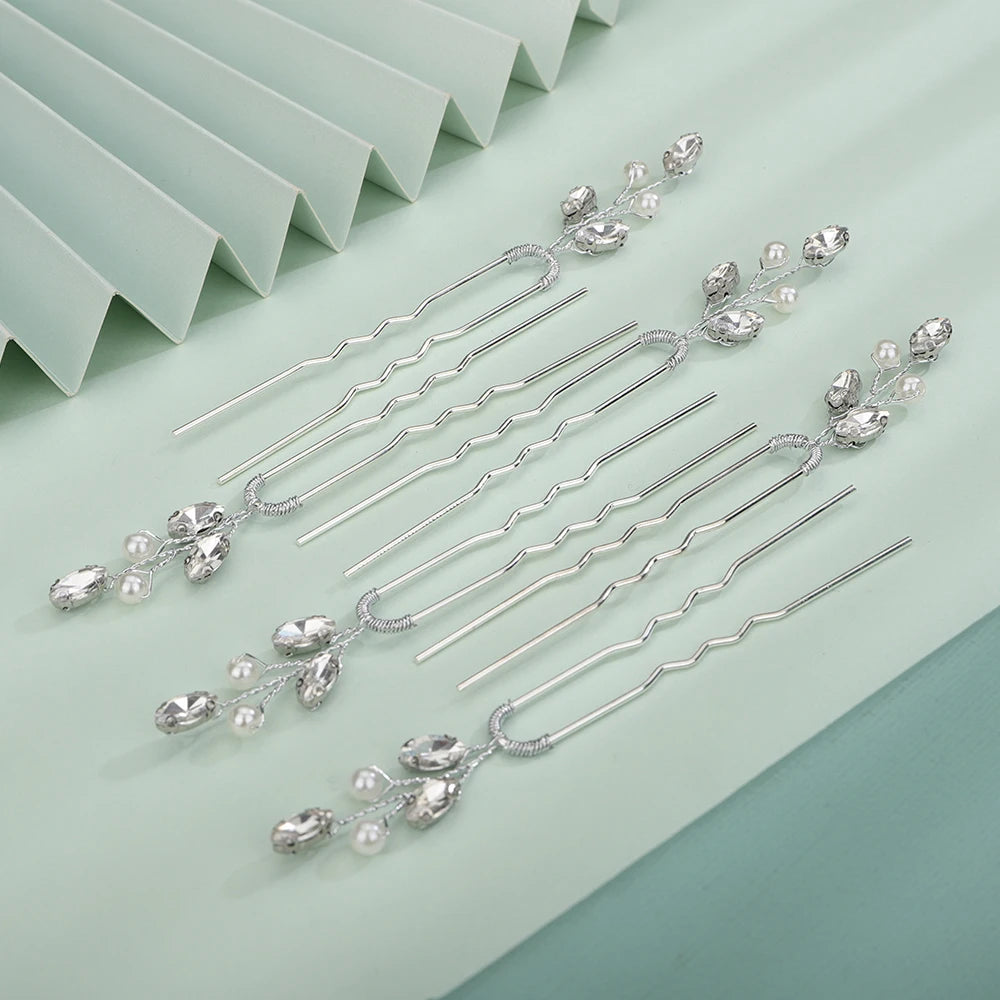 Silver Rhinestone Hairpins for Wedding Hair Accessories Women Handmade Gold Pearl Bridal Hair Pins Simple Trendy Headpiece Tiara