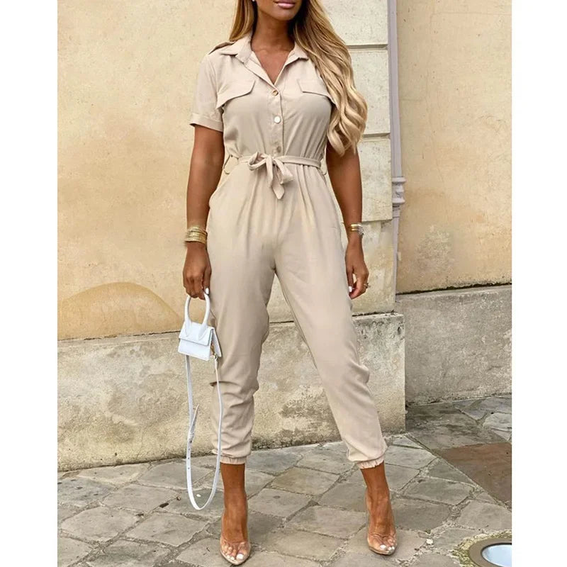 New Summer Jumpsuit Women Elegant Casual Lapel Buckle Printed Female Jumpsuit Woman Trousers Playsuit Overalls Bodysuit Romper