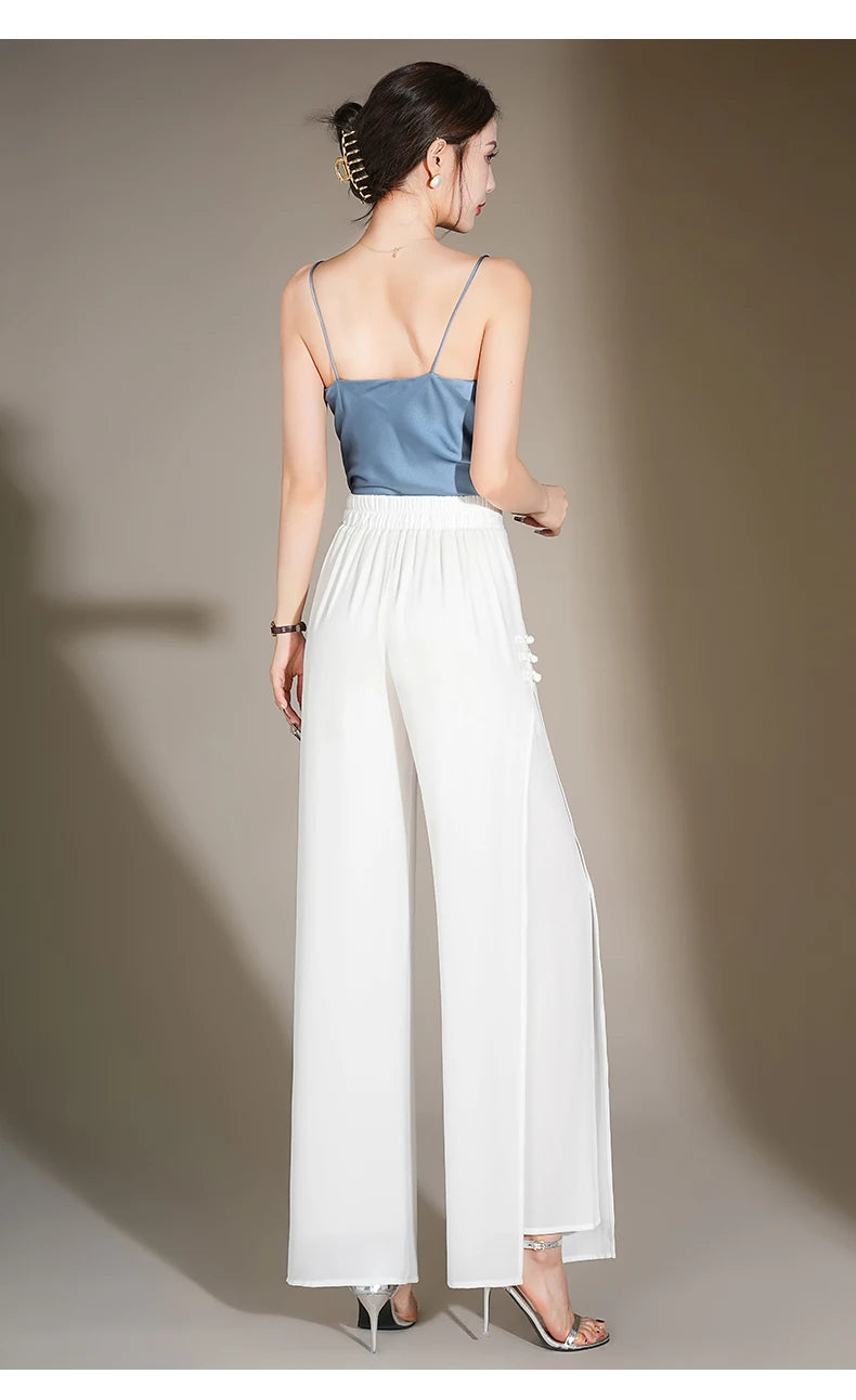 ZUZK Slit Chiffon Long Pants Summer Comfortable Elastic Waist Slim Double Layer Chiffon Pants Chic Droop Chinese Style Pants