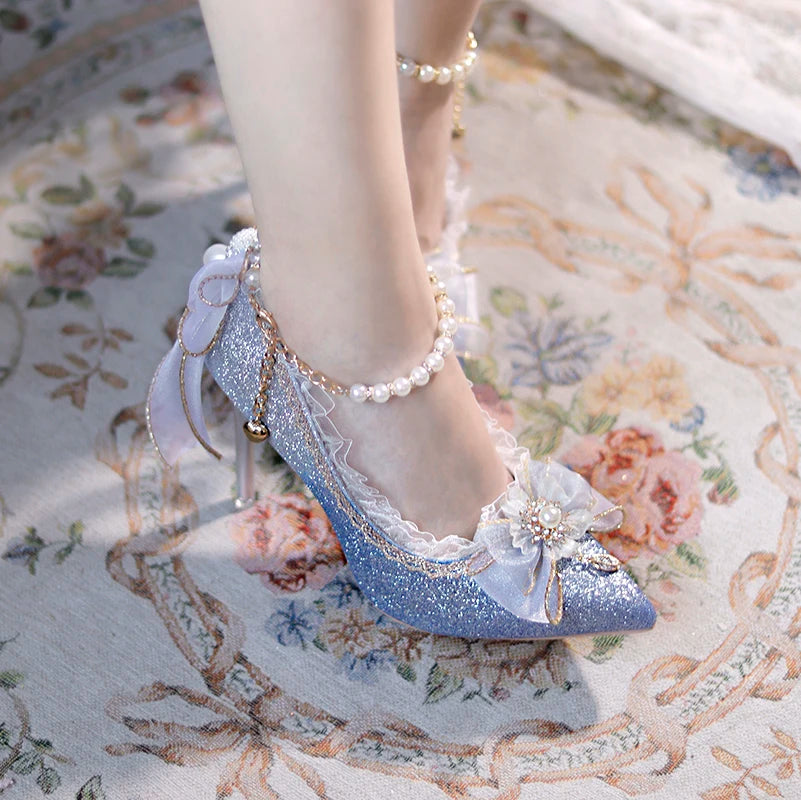 Lolita High Heels One Night Story Lolita Shoes Shiny Pointed High Heels Flower Wedding Ceremony 18 Year Old Slim Heels