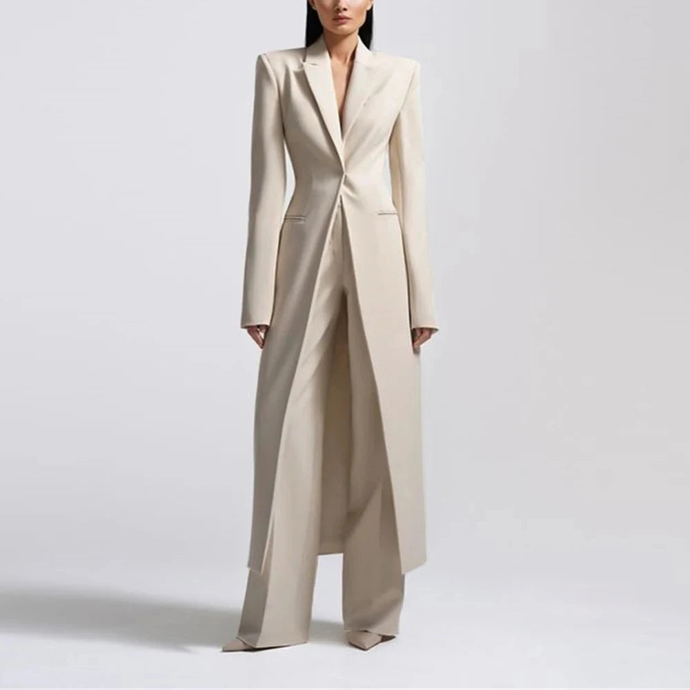 Fashion Beige Women's Blazer PantsSuit Peak Lapel Long Coat Wedding Formal Suits Office Lady Jacket Pant 2 Piece