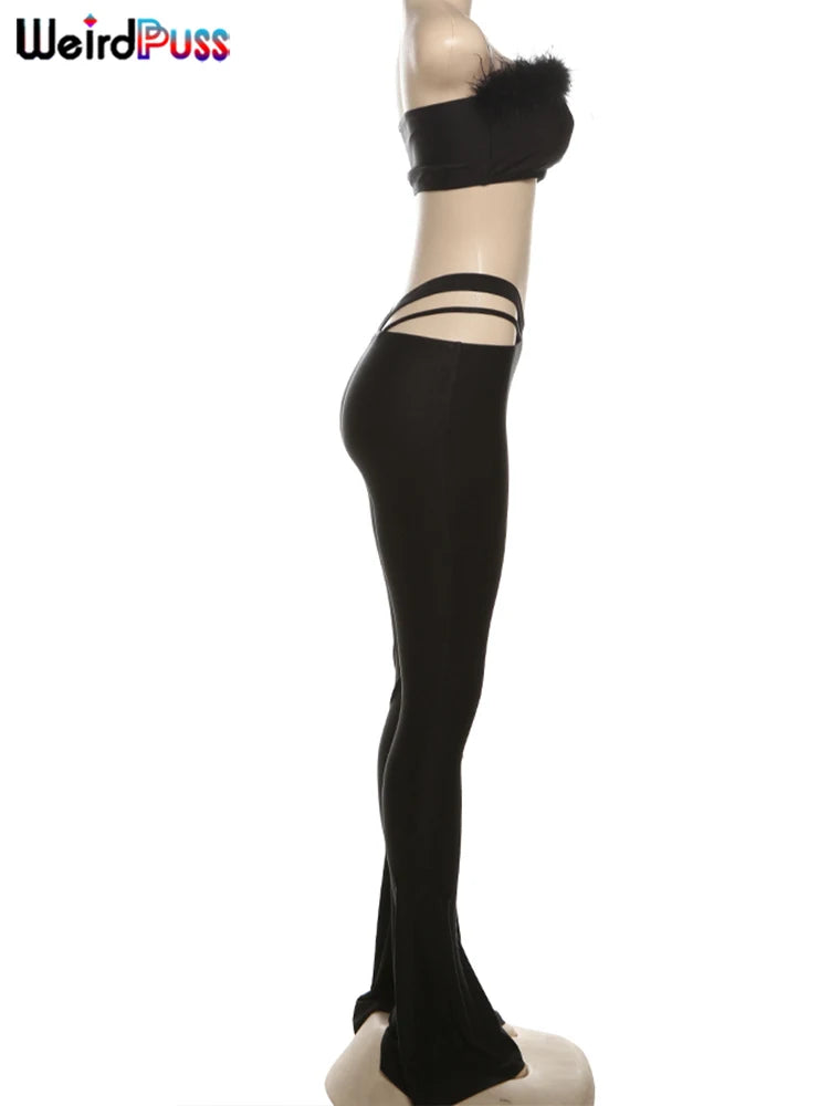 Weird Puss Sexy Women 2 Piece Set 2025 Summer Trend Feather Strapless Tops+High-Waisted Hollow Leggings Matching Clubwear Suits