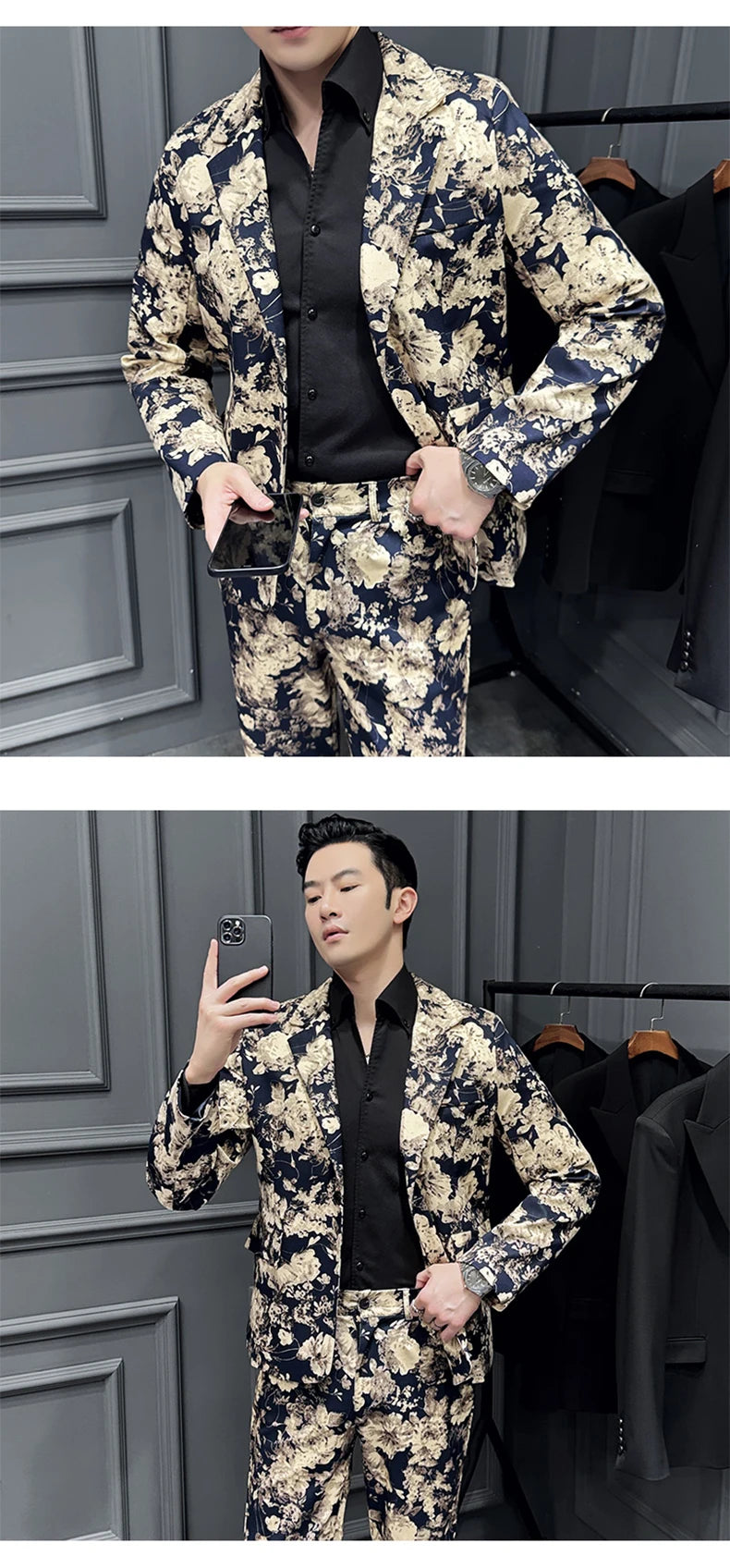 Suit (Blazer+ Pants) Men's Fashion Gentleman Slim Fit Business Outdoor Printed Gentleman Fine Cotton Wedding Work Casual Suit