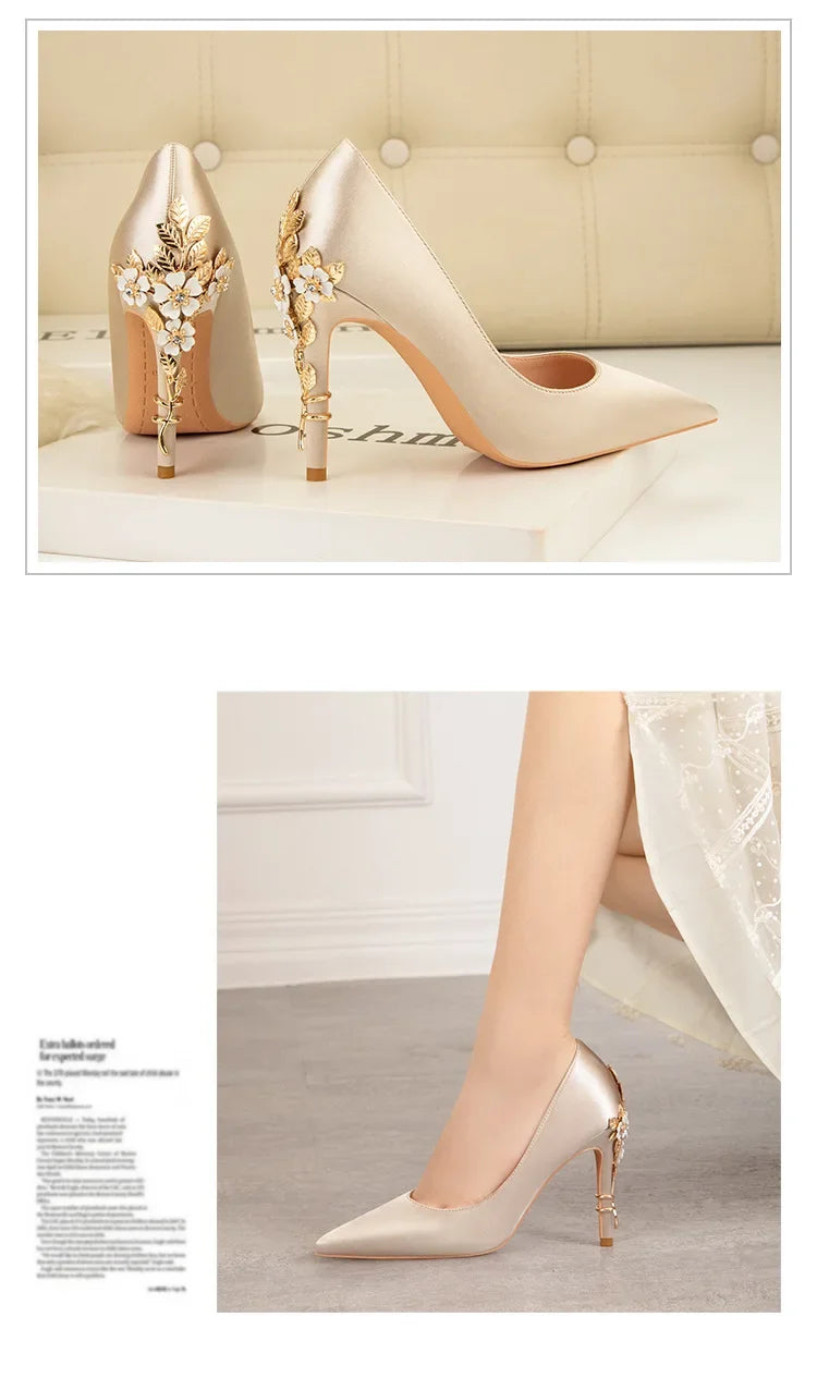 Women's Metal Flowers Stiletto High-heel Shoes Female Light Luxury Sexy Fashion Wedding Shoes Pointed Toe Satin Single Shoes