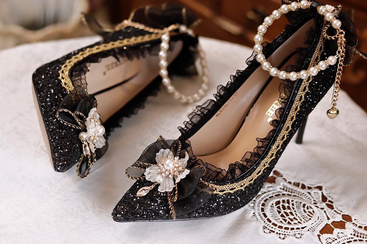 Lolita High Heels One Night Story Lolita Shoes Shiny Pointed High Heels Flower Wedding Ceremony 18 Year Old Slim Heels