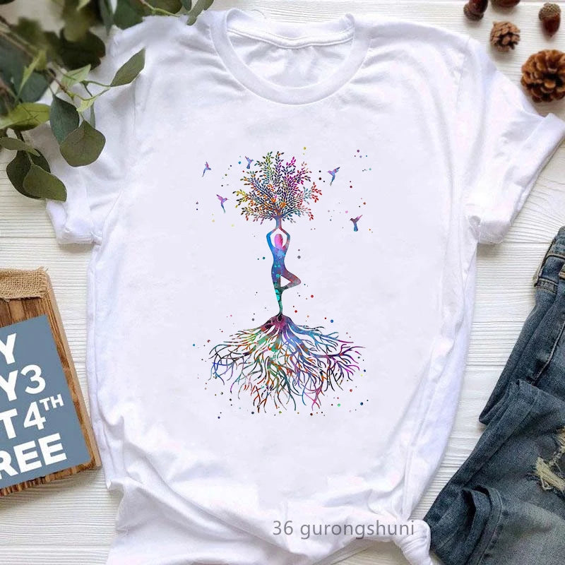 Newest Yoga Tree Print Tshirt Girls Summer Fashion Short Sleeve T Shirt Women Buddha Chakra Meditation T-Shirt Female Wholesale
