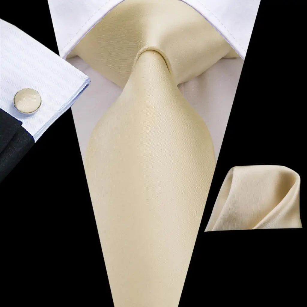 Hi-Tie Champagne Ivory Floral Solid Design Silk Wedding Tie For Men Quality Hanky Cufflink Fashion Nicktie Business Dropshipping