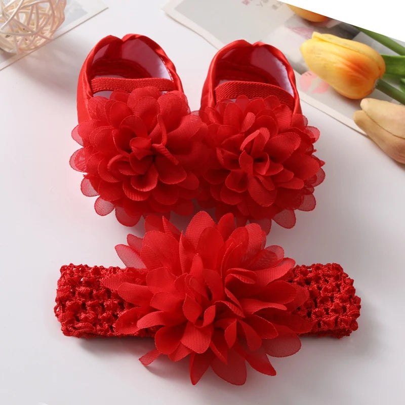 Infant Baby Girls Shoes with Headband Soft Sole Non-slip Flower Princess Wedding Dress Walking Shoes